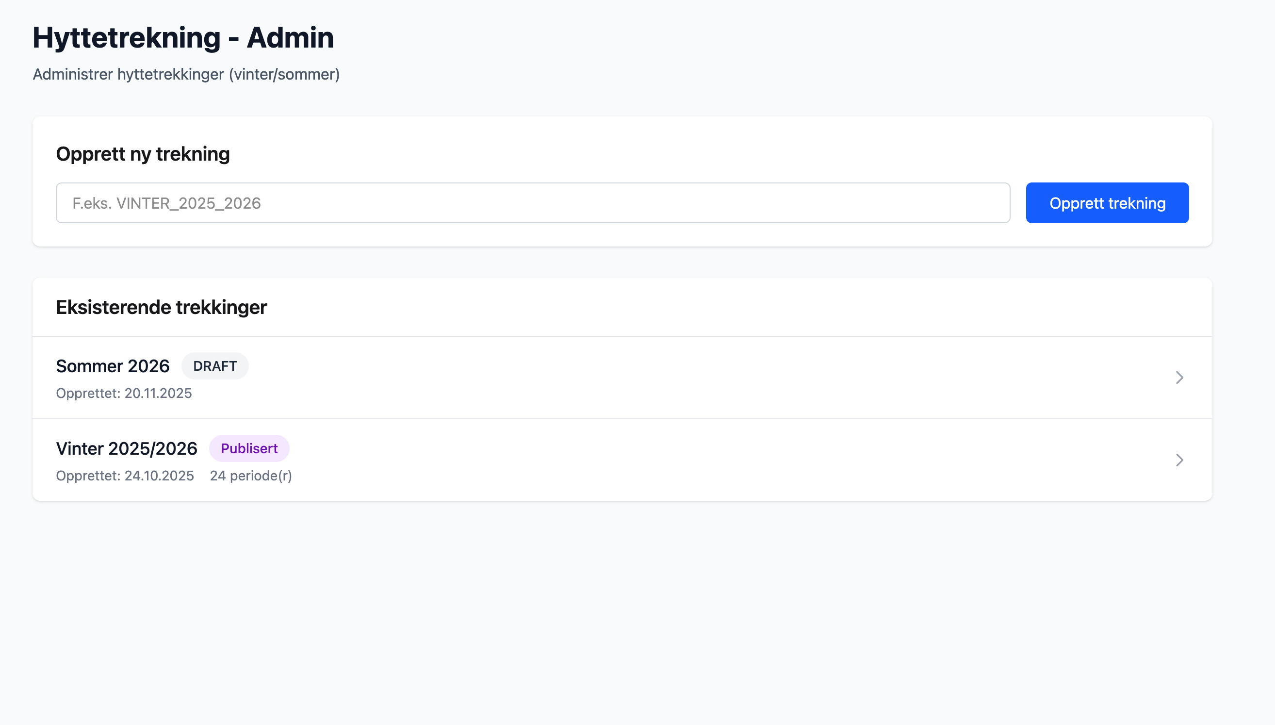 Hyttebooking admin slik det ser ut.